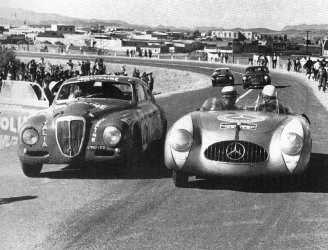 The D20GT with the mighty Mercedes-Benz 300 at the 1952 Carrera Panamericana in Mexico.