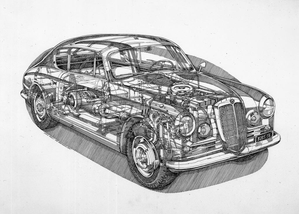 The B20S6 cutout drawing reveals many of the technical innovations introduced by the Lancia marque at the early 1950's 